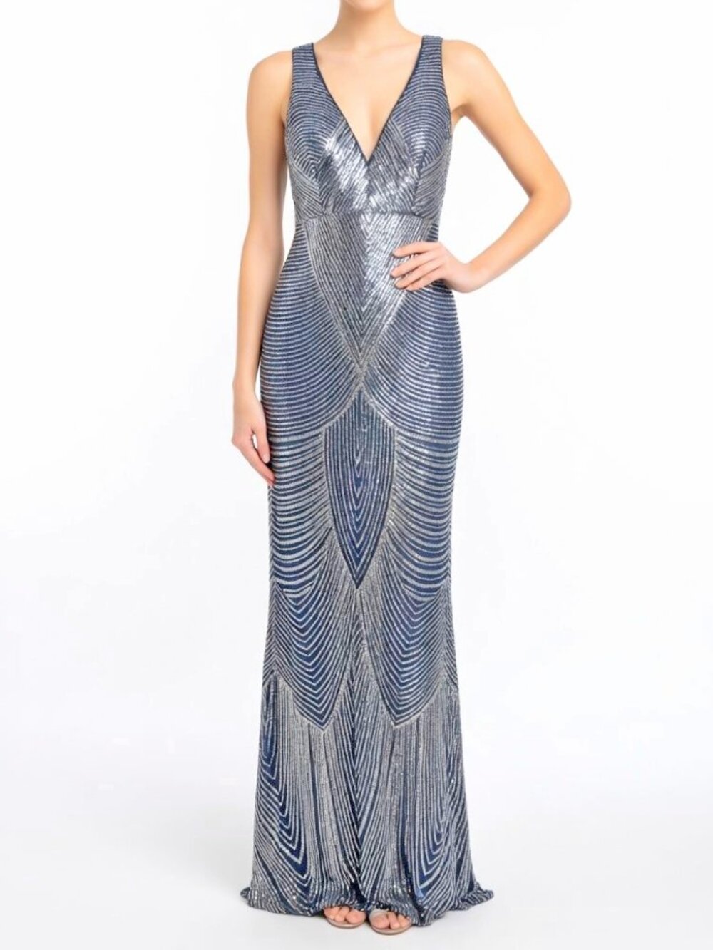 Baltic Born Silver and Navy Beaded V-Neck Evening Gown